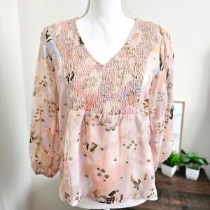 Anthropologie BTFL-Life Pink Smocked Blouse with Puff Sleeves SZ XS